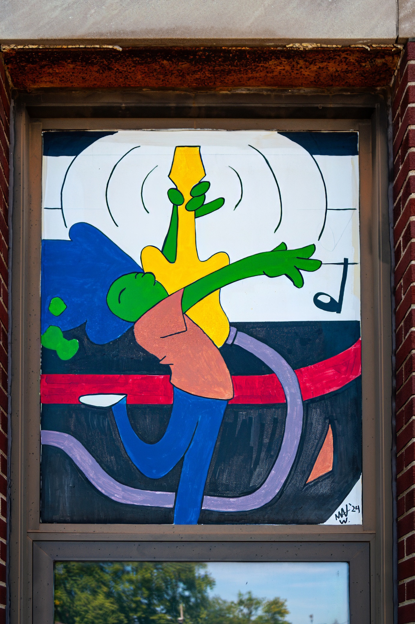 Colorful mural featuring a lively character with green skin playing a yellow guitar, dancing joyously against a vibrant background.